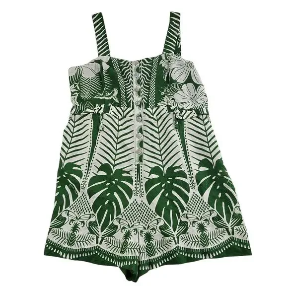 Farm Rio Macaw Elegance Romper Green White Women's XL Palm Print NEW FLAWS